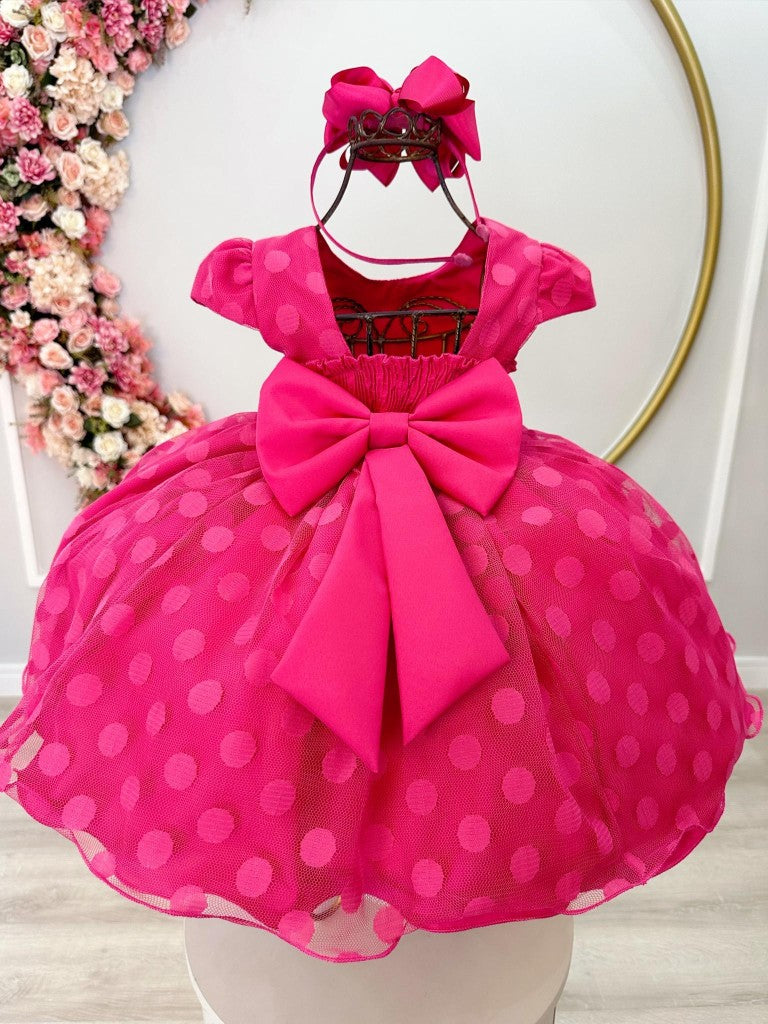 Vestido Infantil Pink Com Poá e Cinto de Pérolas e Strass