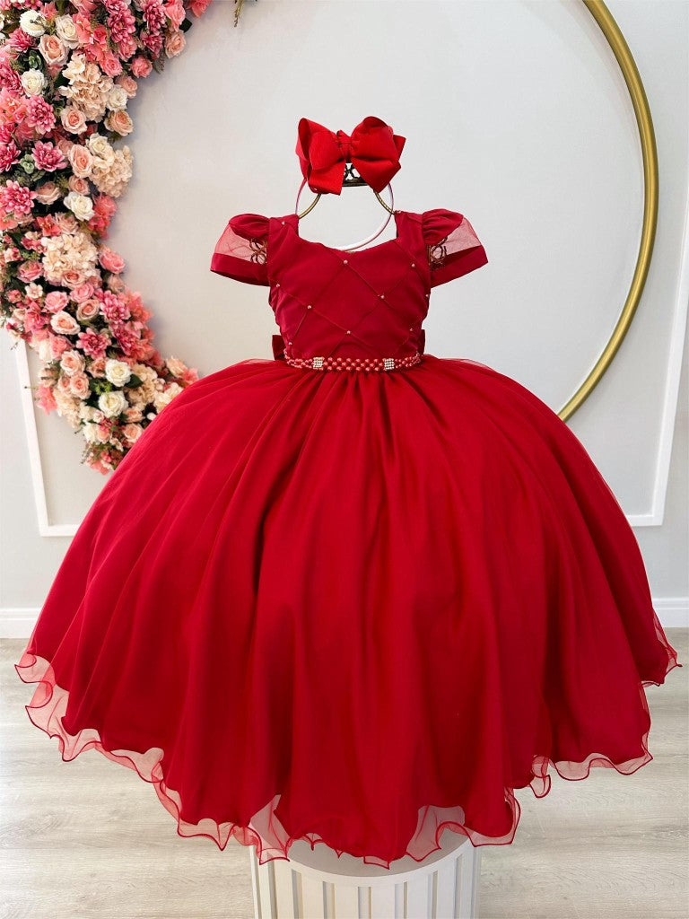 Vestido Infantil Vermelho com Busto Nervurado e Detalhes em Pérolas