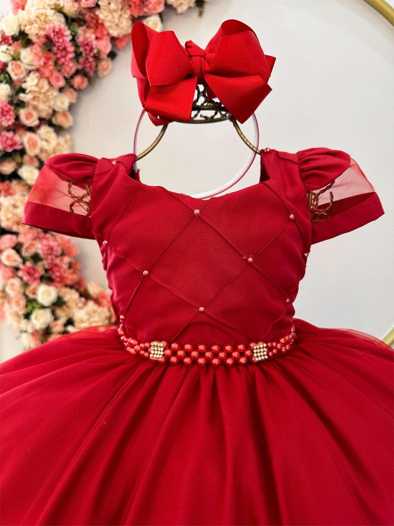 Vestido Infantil Vermelho com Busto Nervurado e Detalhes em Pérolas