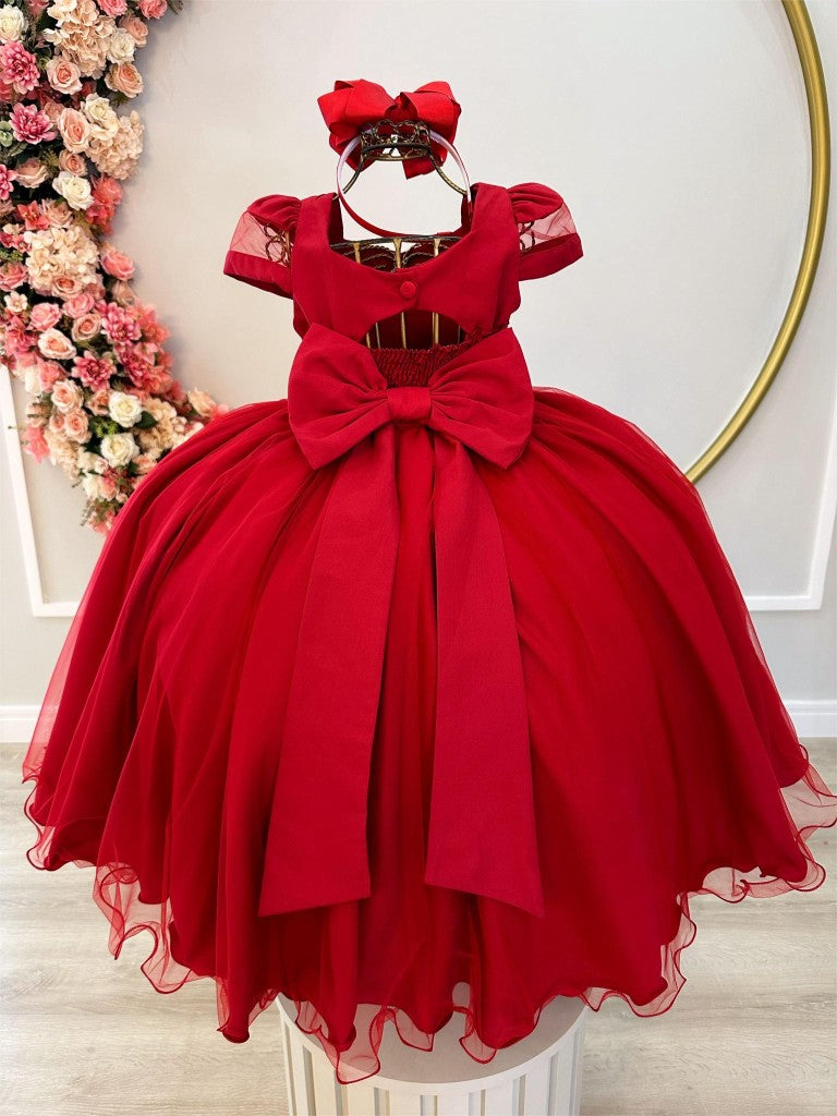 Vestido Infantil Vermelho com Busto Nervurado e Detalhes em Pérolas