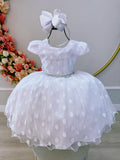 Vestido Infantil Branco com Poá e Cinto de Strass e Pérolas