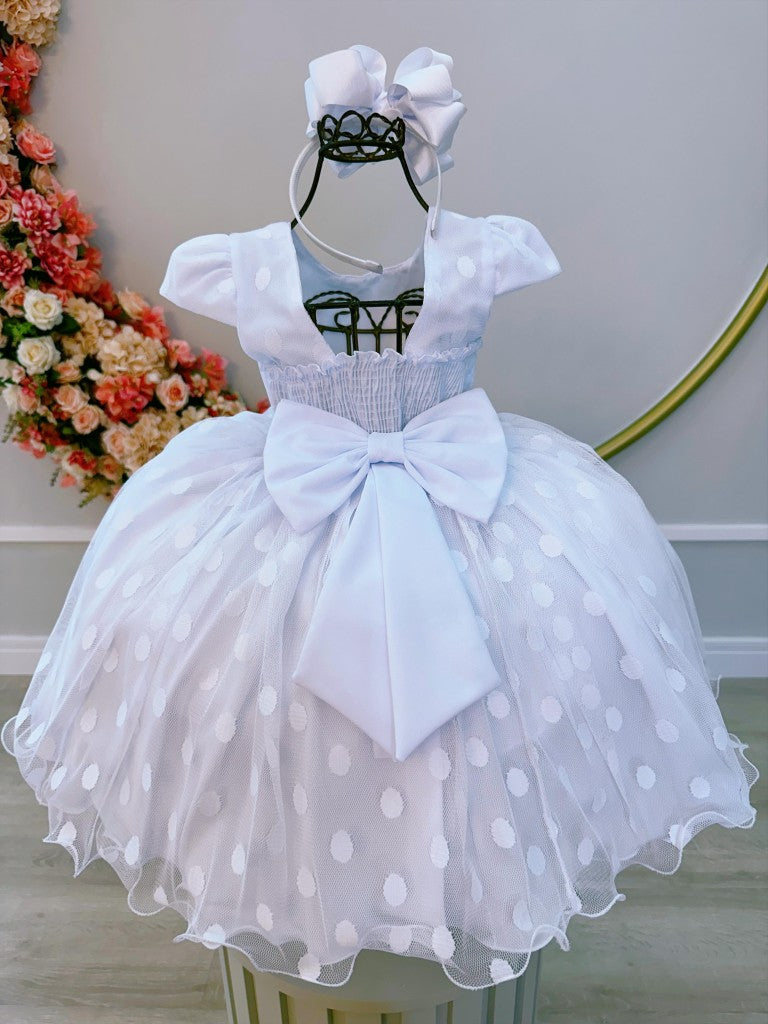 Vestido Infantil Branco com Poá e Cinto de Strass e Pérolas