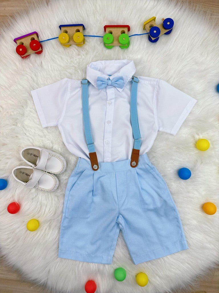 Conjunto Social Infantil Camisa Branca com Short Azul Bebê e Suspensório