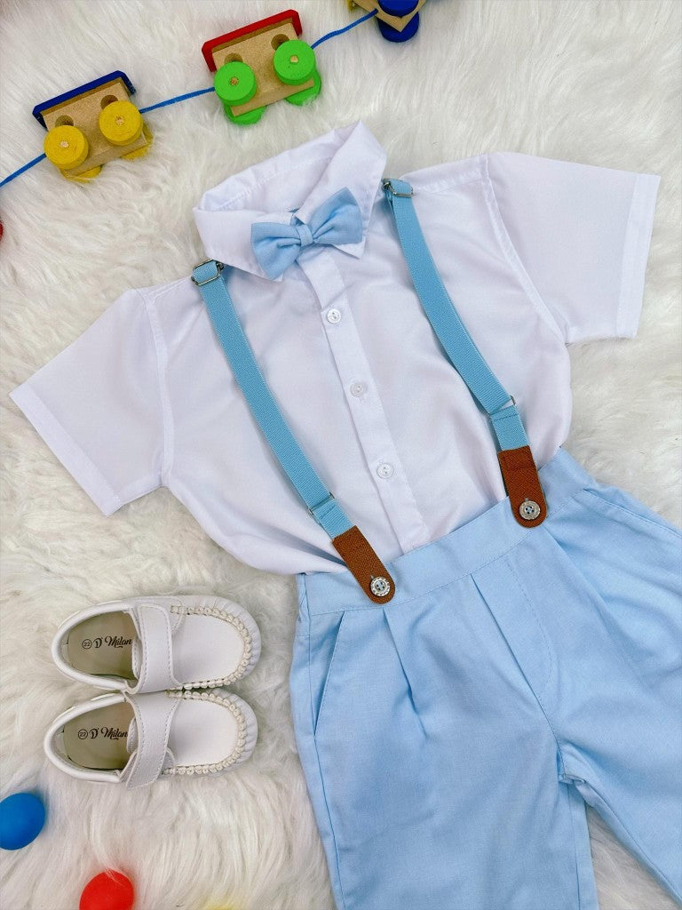 Conjunto Social Infantil Camisa Branca com Short Azul Bebê e Suspensório