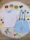 Conjunto Social Infantil Camisa Branca com Short Azul Bebê e Suspensório