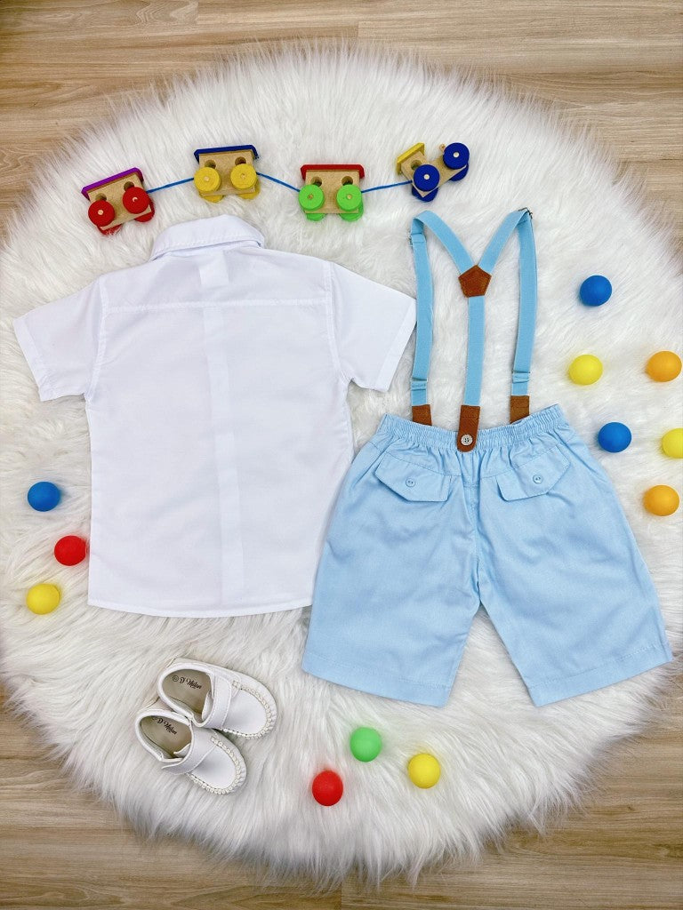 Conjunto Social Infantil Camisa Branca com Short Azul Bebê e Suspensório