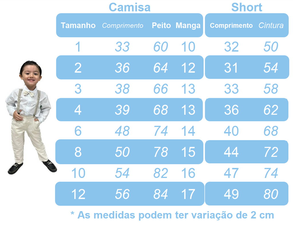 Conjunto Social Infantil Camisa Branca com Short Azul Bebê e Suspensório