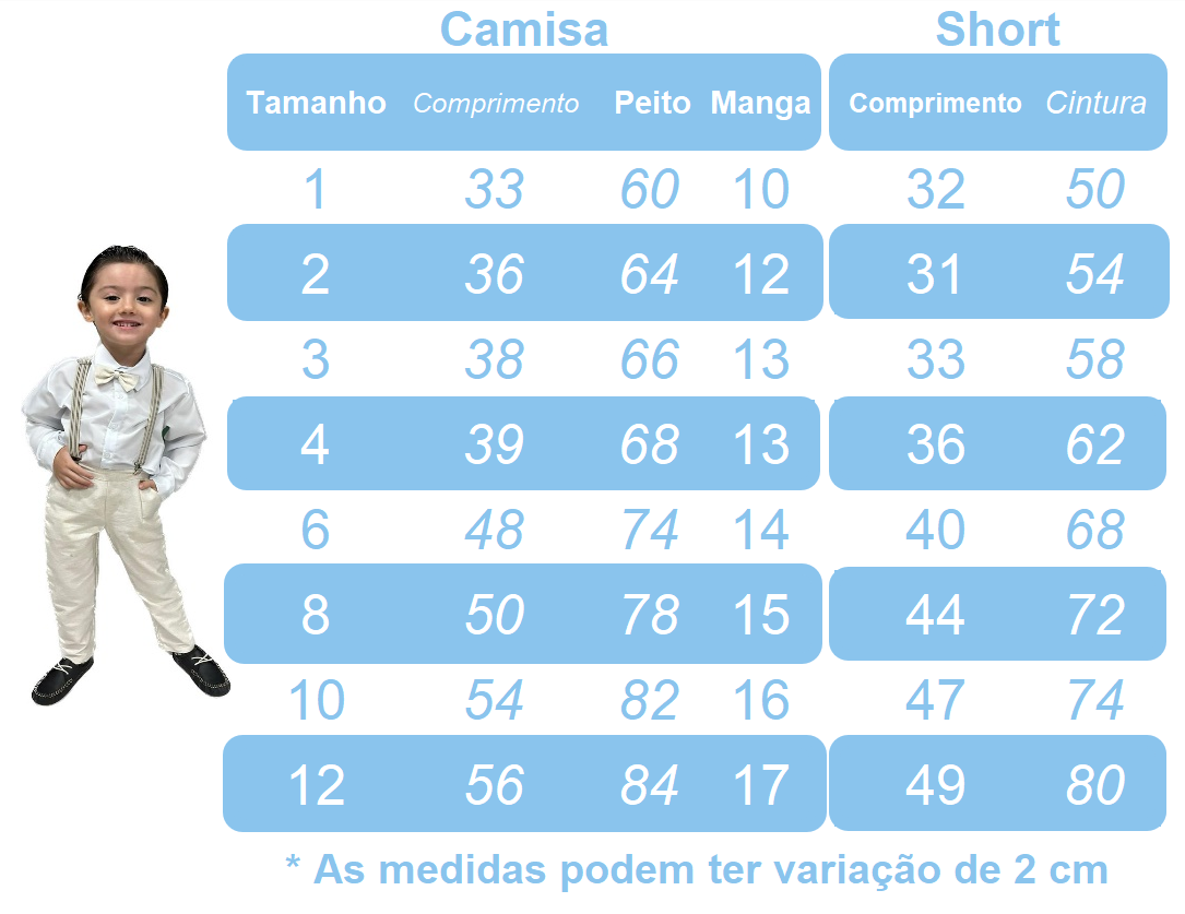Conjunto Social Infantil Camisa Branca com Short Azul Bebê e Suspensório