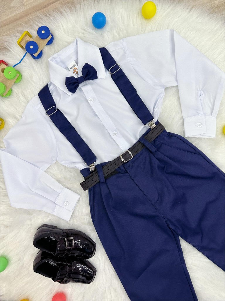 Conjunto Social Calça Gravata e Susp. Azul Mar. Camisa Branca