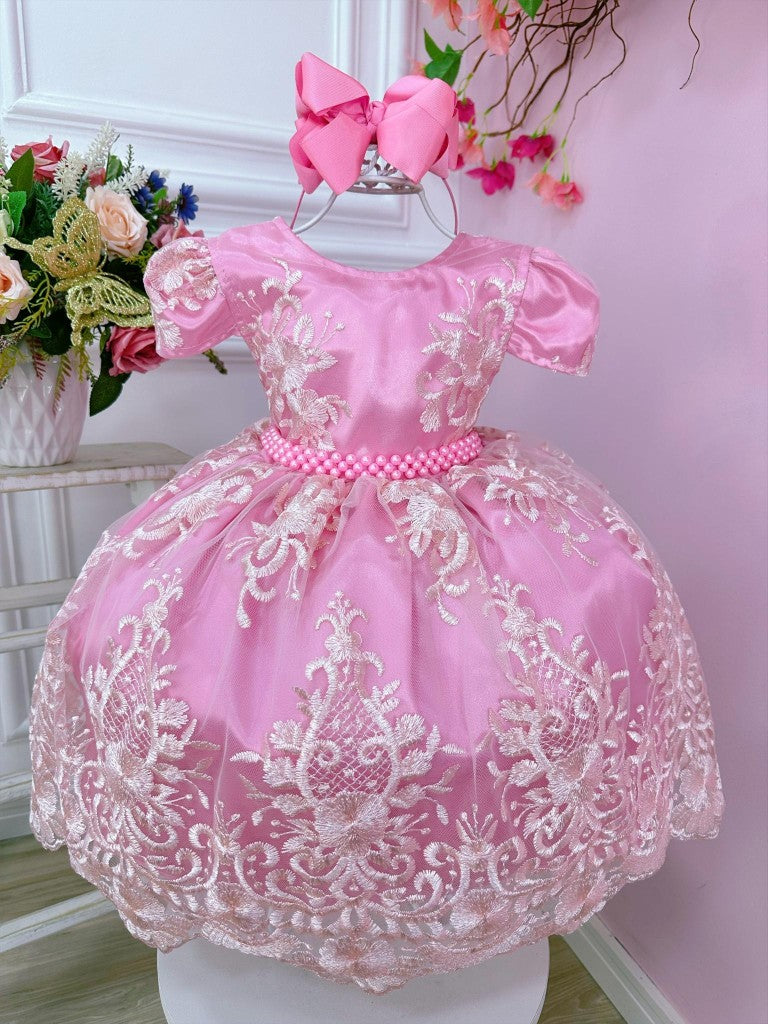 Vestido Infantil Rosa Com Renda e Cinto de Pérolas