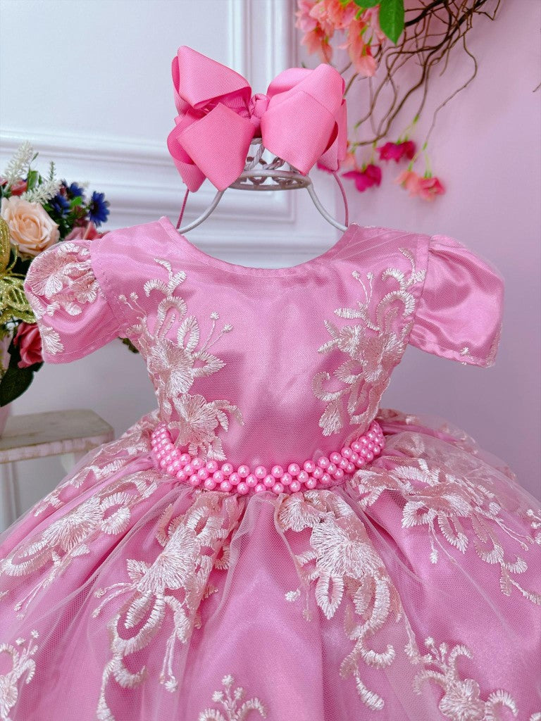 Vestido Infantil Rosa Com Renda e Cinto de Pérolas