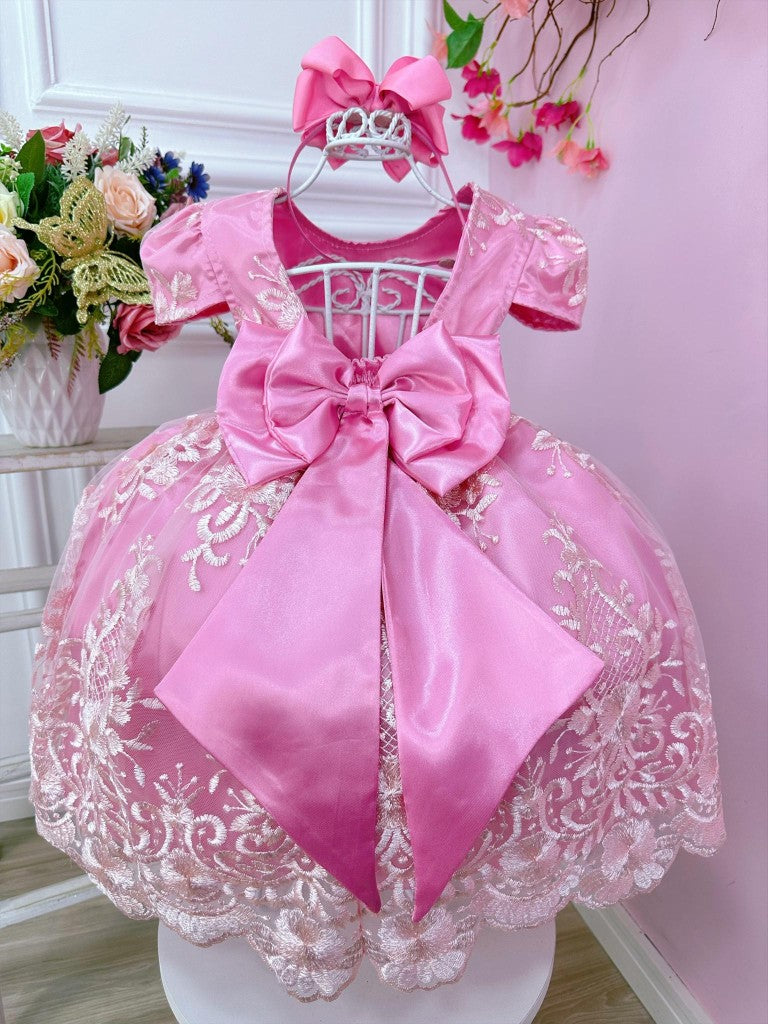 Vestido Infantil Rosa Com Renda e Cinto de Pérolas