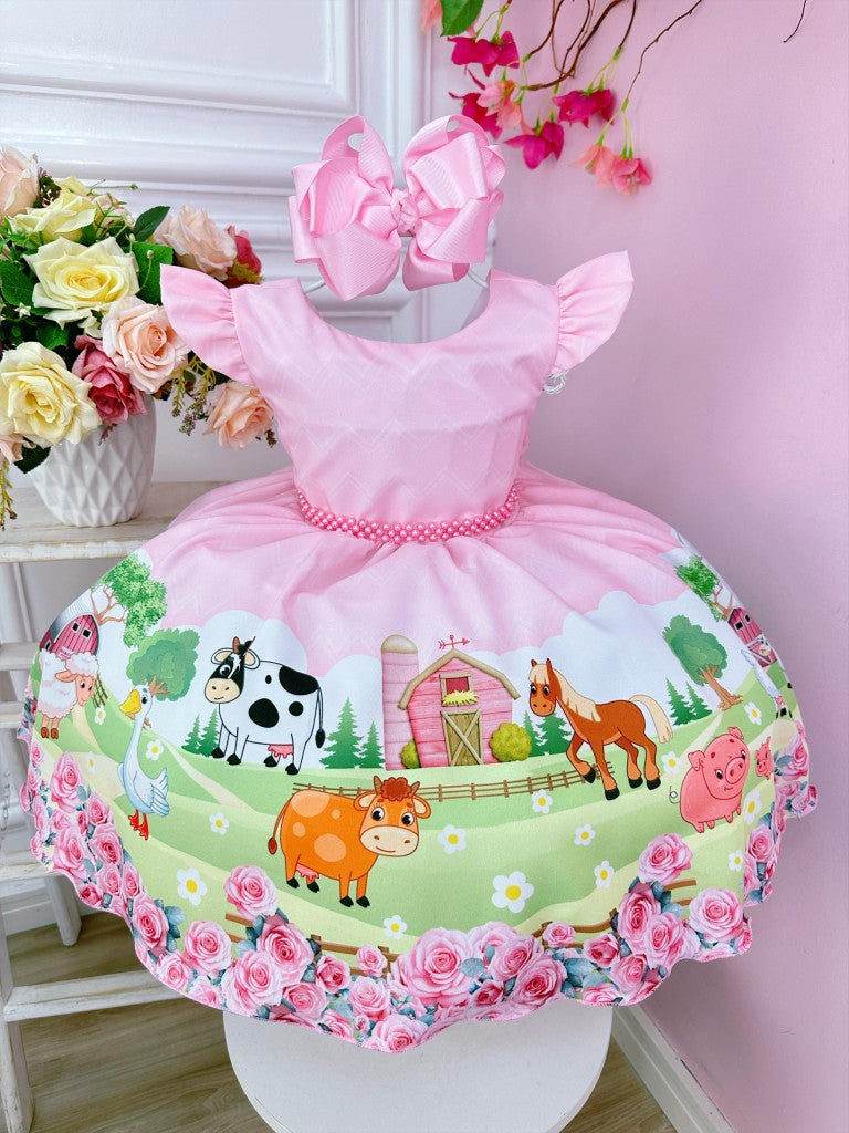 Vestido Infantil Rosa com Pérolas para Festas Baby Fazendinha
