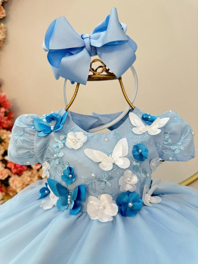 Vestido Azul Infantil Com Renda Para Festa Jardim Encantado