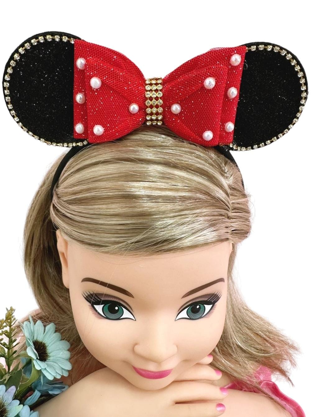 Tiara Infantil Minnie Vermelha Preta Pérolas Strass Tule