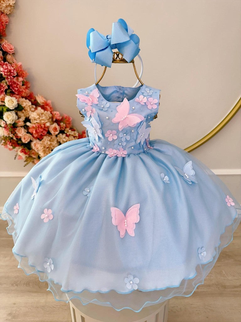 Vestido Infantil Azul com Aplique de Borboletas e Flores