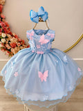 Vestido Infantil Azul com Aplique de Borboletas e Flores