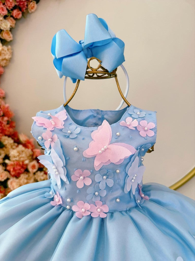 Vestido Infantil Azul com Aplique de Borboletas e Flores