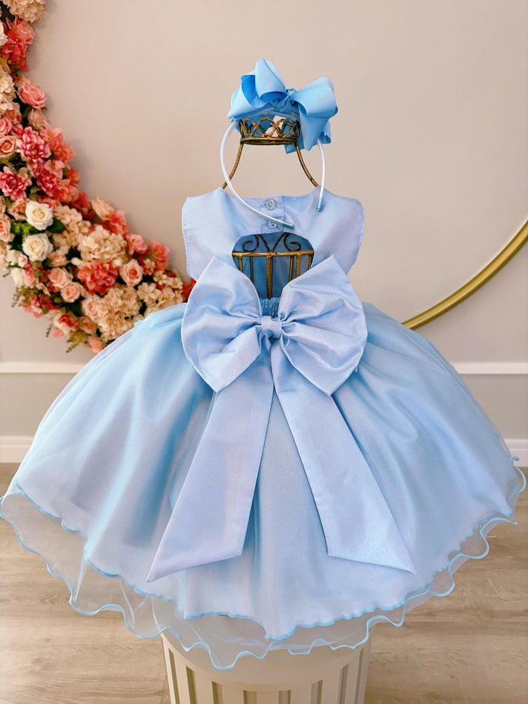Vestido Infantil Azul com Aplique de Borboletas e Flores