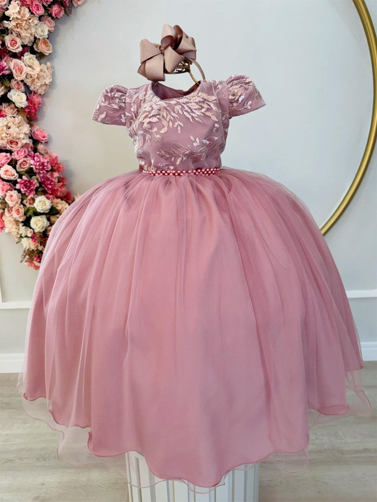 Vestido Infantil Luxo Rose com Renda e Pérolas