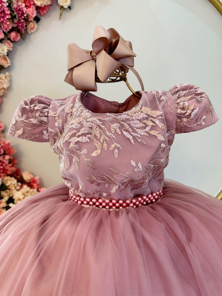 Vestido Infantil Luxo Rose com Renda e Pérolas