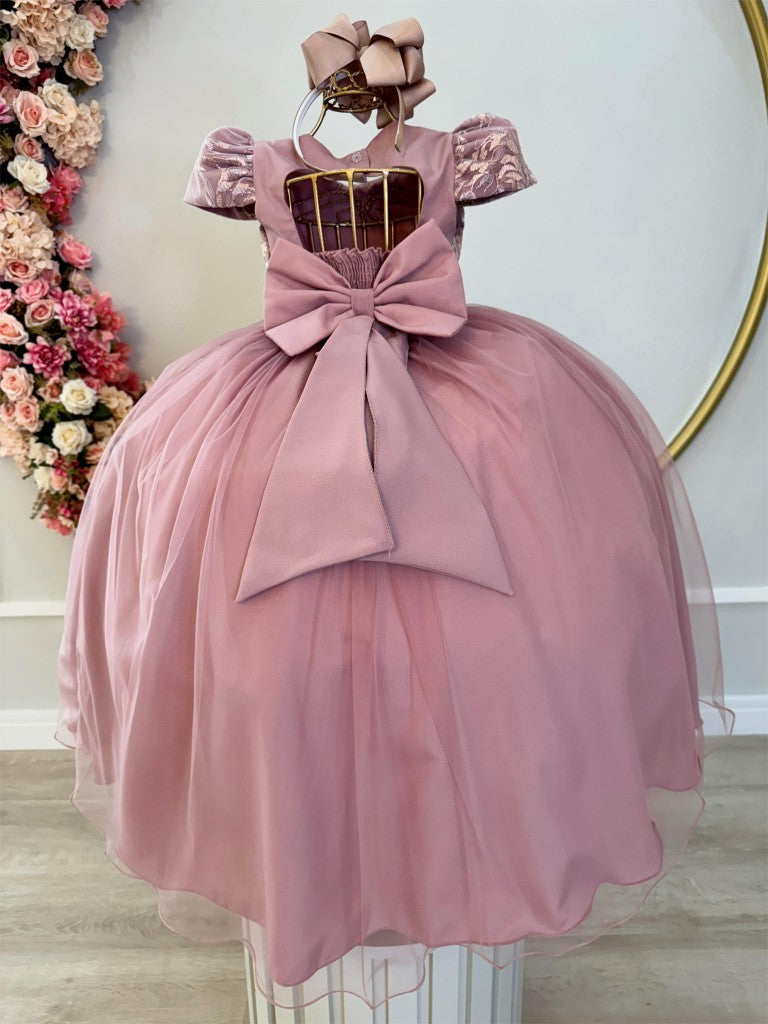 Vestido Infantil Luxo Rose com Renda e Pérolas