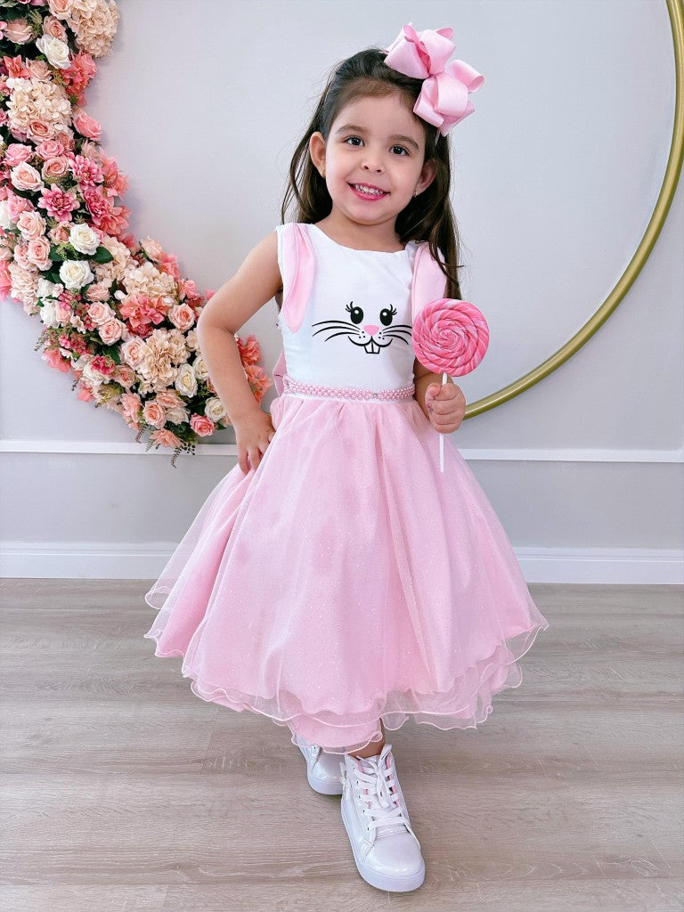 Vestido Infantil Luxo Coelho da Páscoa com Glitter