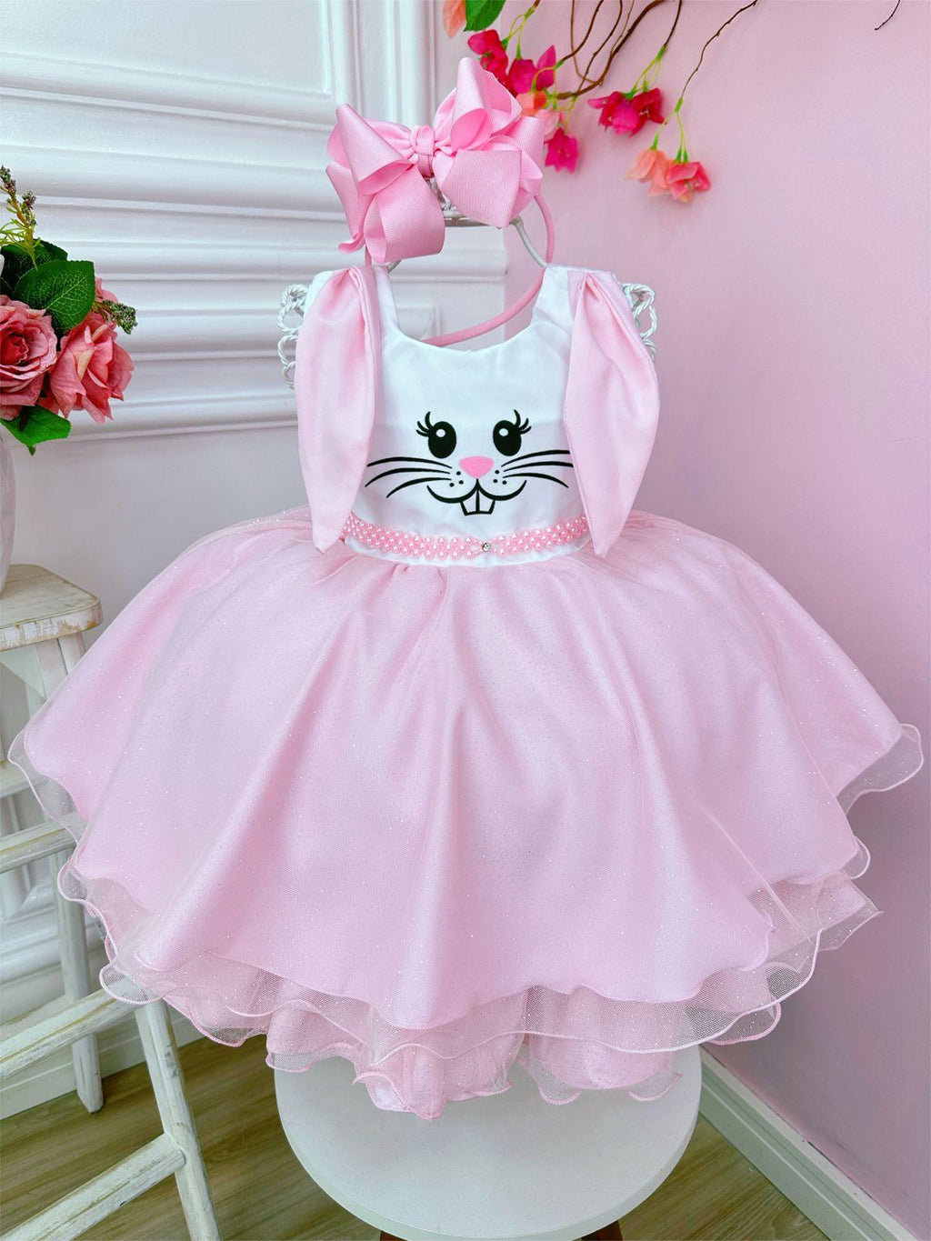 Vestido Infantil Luxo Coelho da Páscoa com Glitter