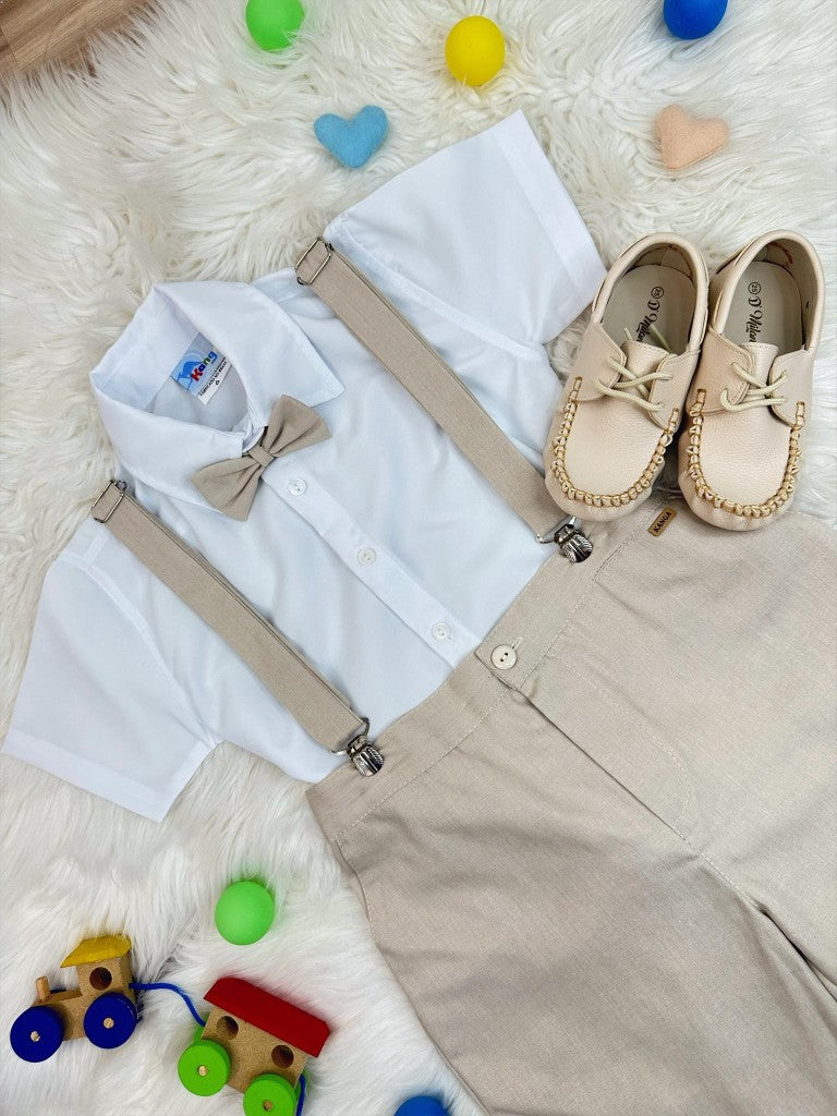 Conjunto Social Bege com Camisa, Gravata, Short e Suspensório