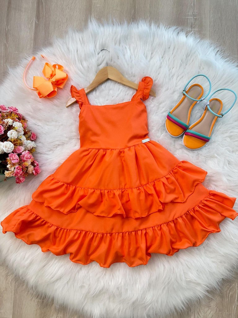 Vestido Infantil Laranja Neon em Crepe com Babado para Verão