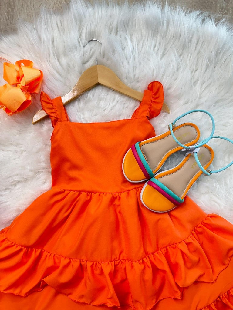 Vestido Infantil Laranja Neon em Crepe com Babado para Verão