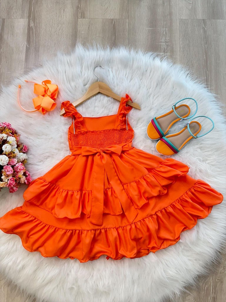 Vestido Infantil Laranja Neon em Crepe com Babado para Verão