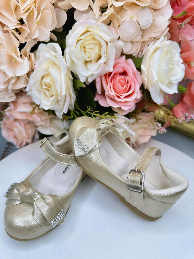 Sapatinho Dourado de Verniz com Lacinho e Strass para Bebê