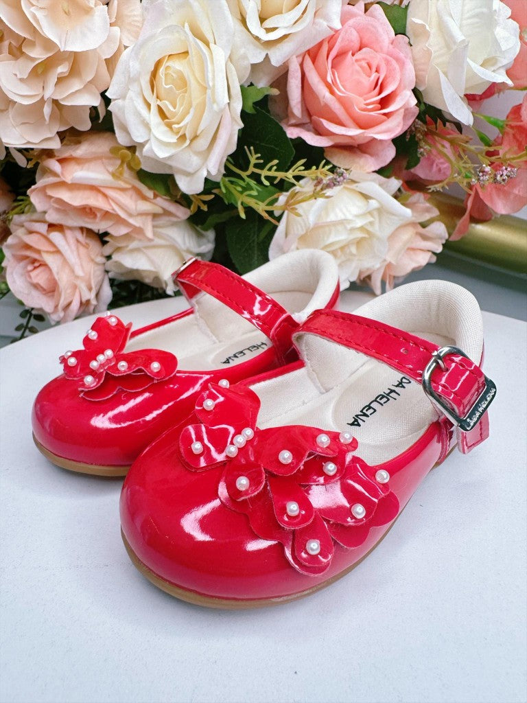 Sapatinho Vermelho de Verniz com Aplique de Borboletas e Pérolas