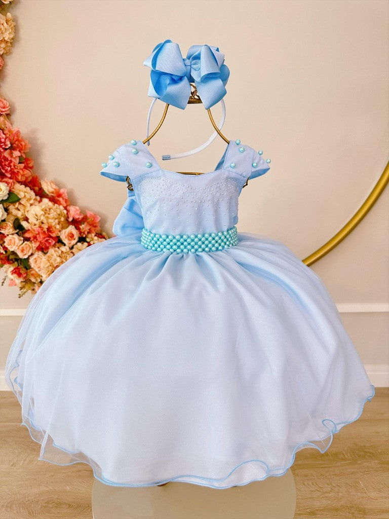 Vestido Infantil Azul com Saia de Organza e Busto Decorado com Strass
