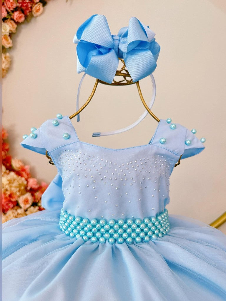 Vestido Infantil Azul com Saia de Organza e Busto Decorado com Strass