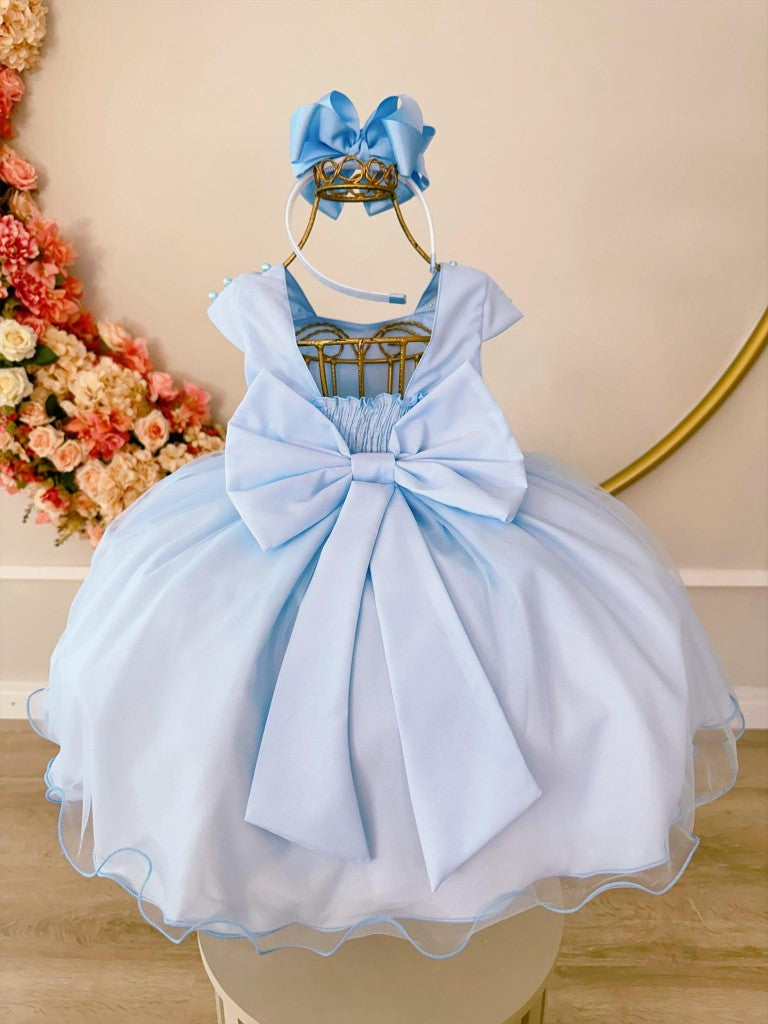 Vestido Infantil Azul com Saia de Organza e Busto Decorado com Strass
