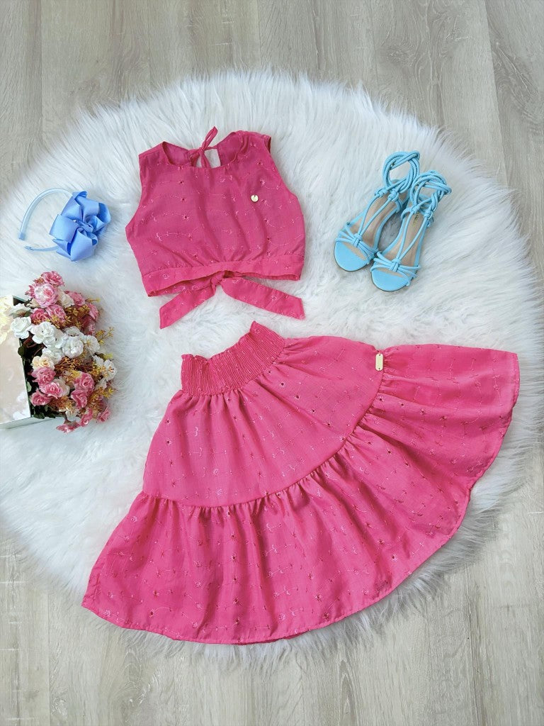 Cropped Pink para Meninas com Saia Midi em Lese Casual Luxo