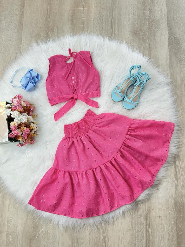 Cropped Pink para Meninas com Saia Midi em Lese Casual Luxo