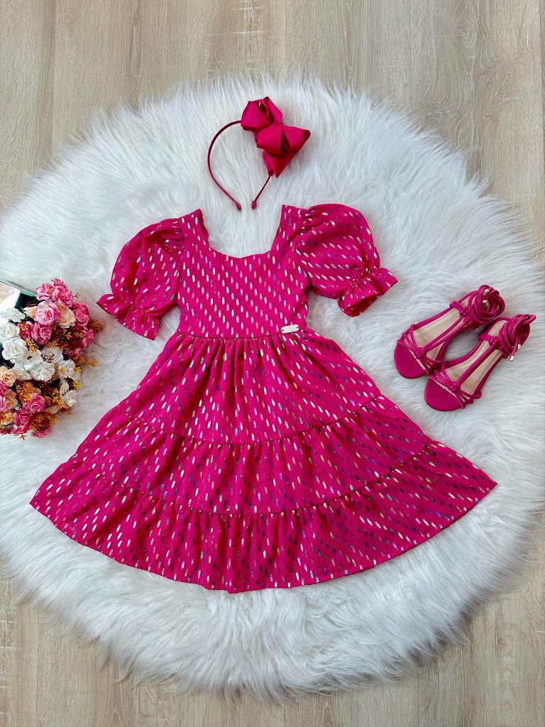 Vestido Infantil Pink Com Riscos Coloridos Para Primavera Verão Casual