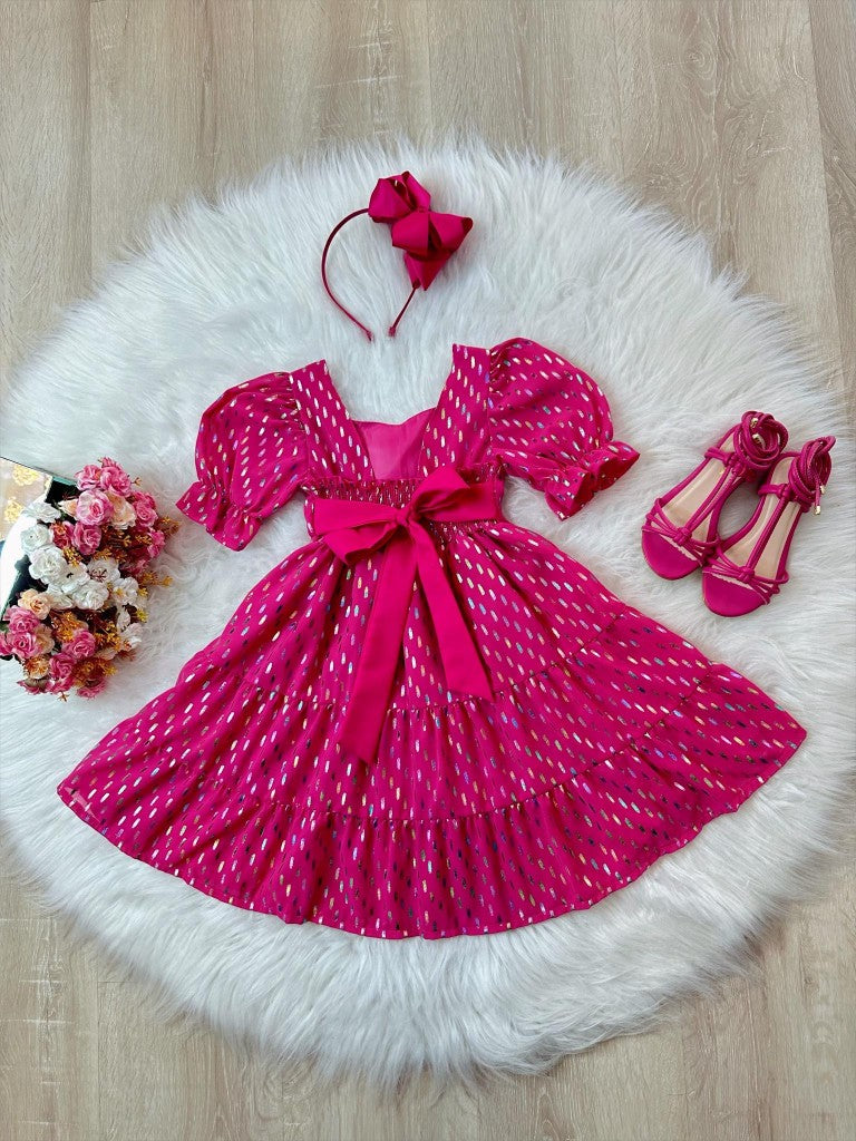 Vestido Infantil Pink Com Riscos Coloridos Para Primavera Verão Casual