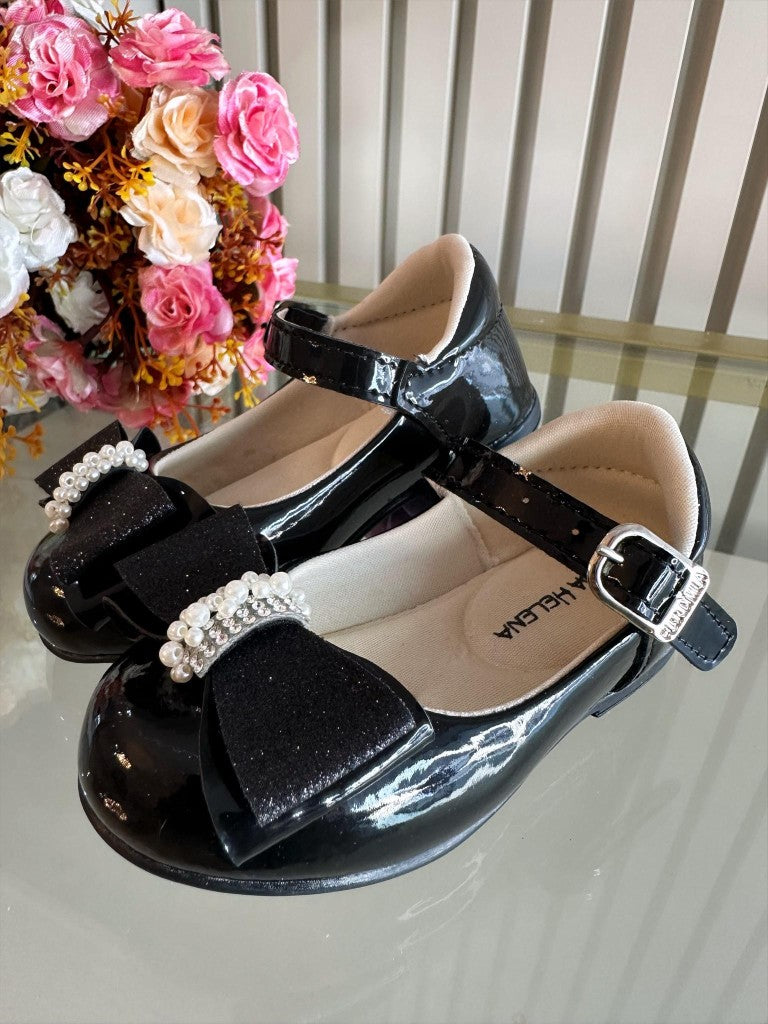 Sapatinho Verniz Preto com Aplique de Lacinho em Strass Glitter