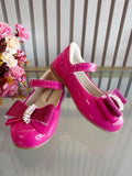 Sapatinho Verniz Pink com Aplique de Lacinho e Strass Glitter
