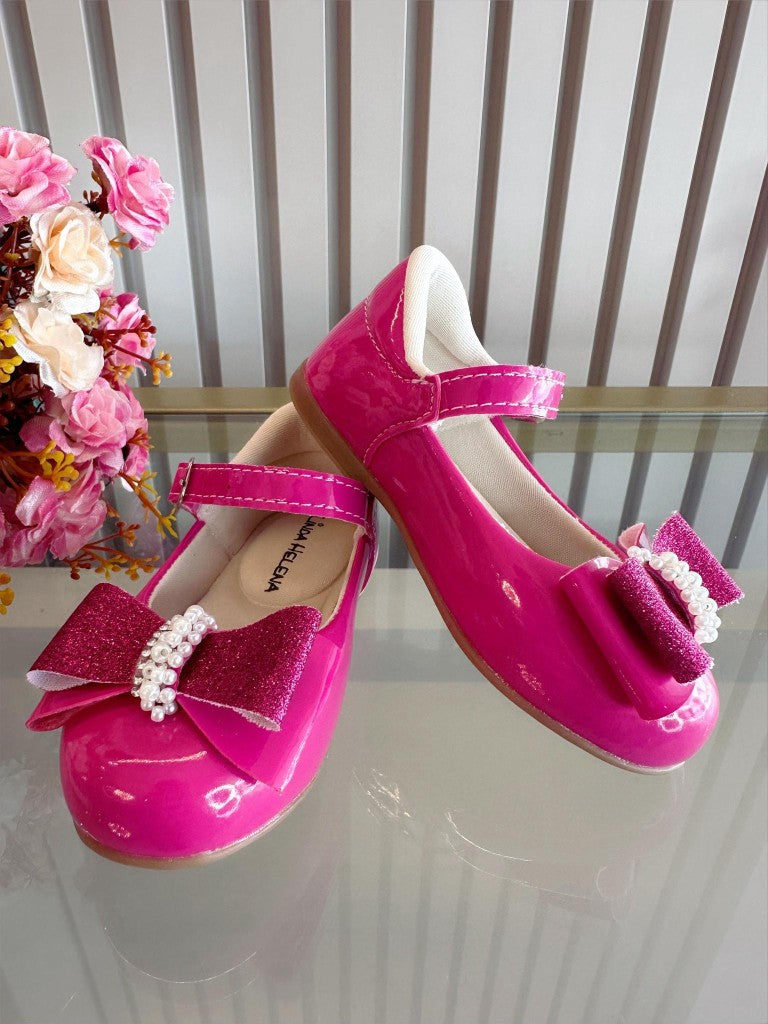 Sapatinho Verniz Pink com Aplique de Lacinho e Strass Glitter