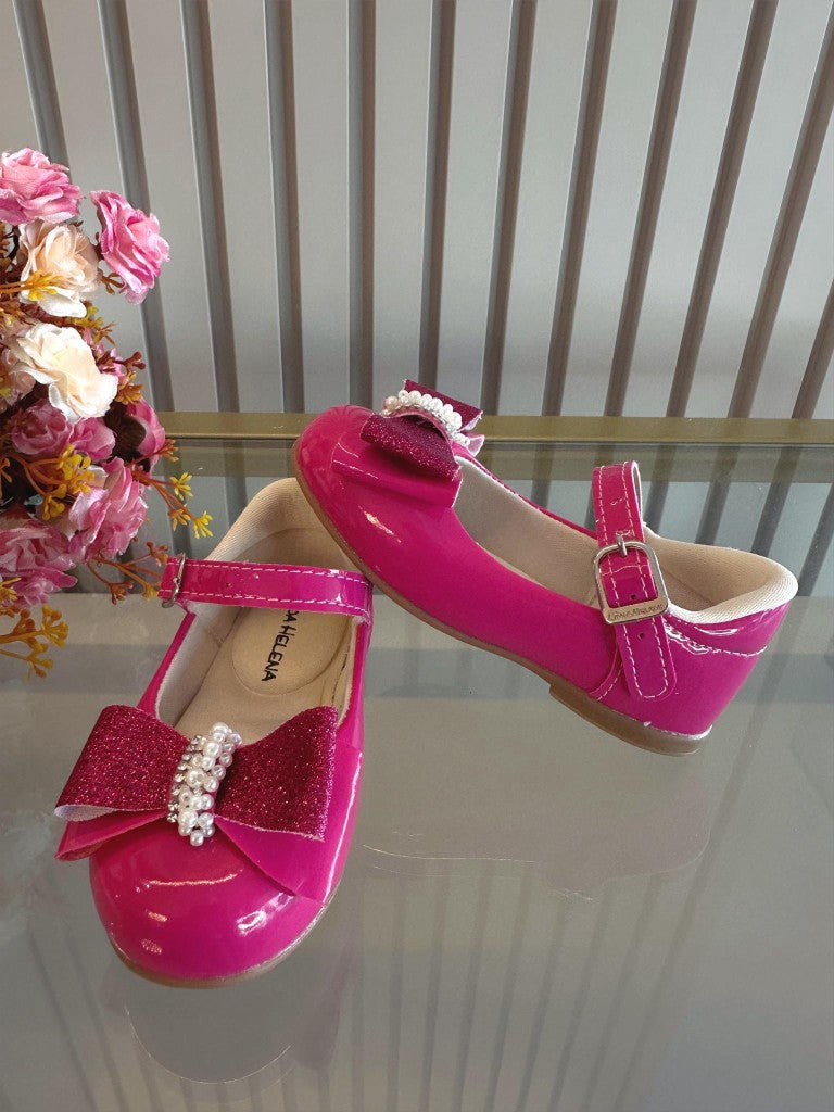 Sapatinho Verniz Pink com Aplique de Lacinho e Strass Glitter