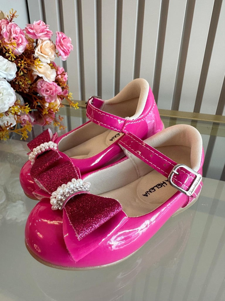 Sapatinho Verniz Pink com Aplique de Lacinho e Strass Glitter
