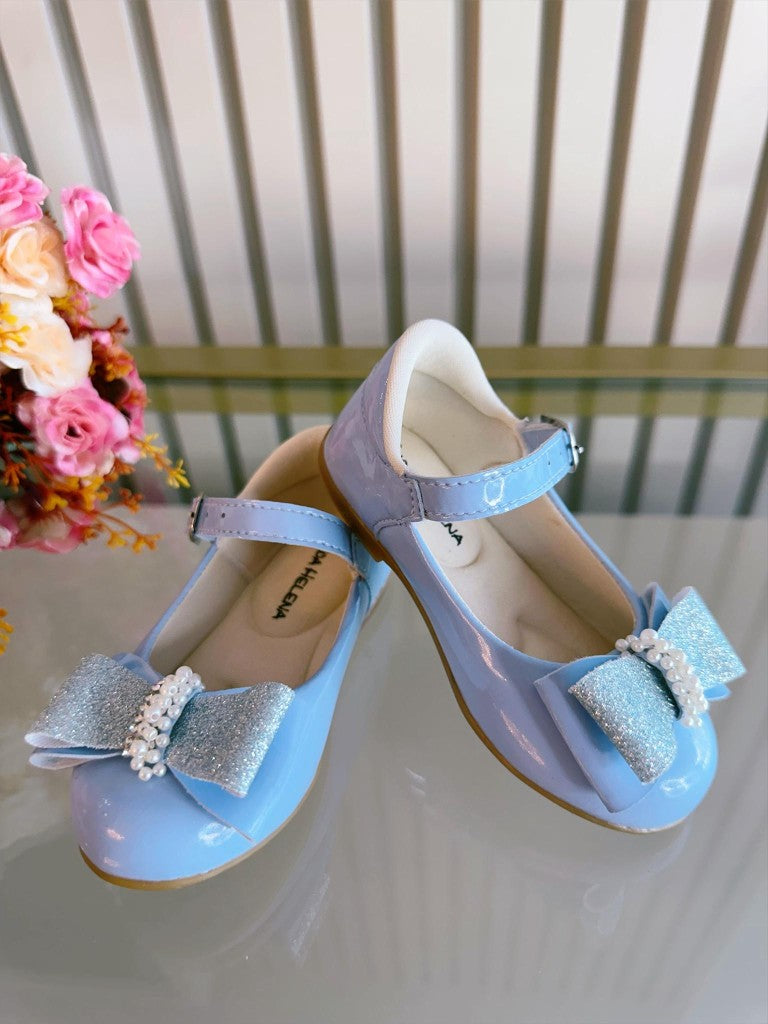 Sapatinho Bebê Verniz Azul com Aplique de Lacinho e Strass Glitter