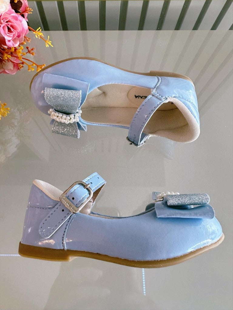 Sapatinho Bebê Verniz Azul com Aplique de Lacinho e Strass Glitter