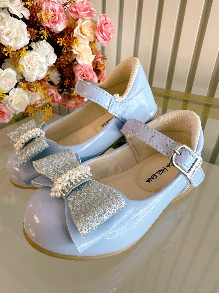 Sapatinho Bebê Verniz Azul com Aplique de Lacinho e Strass Glitter