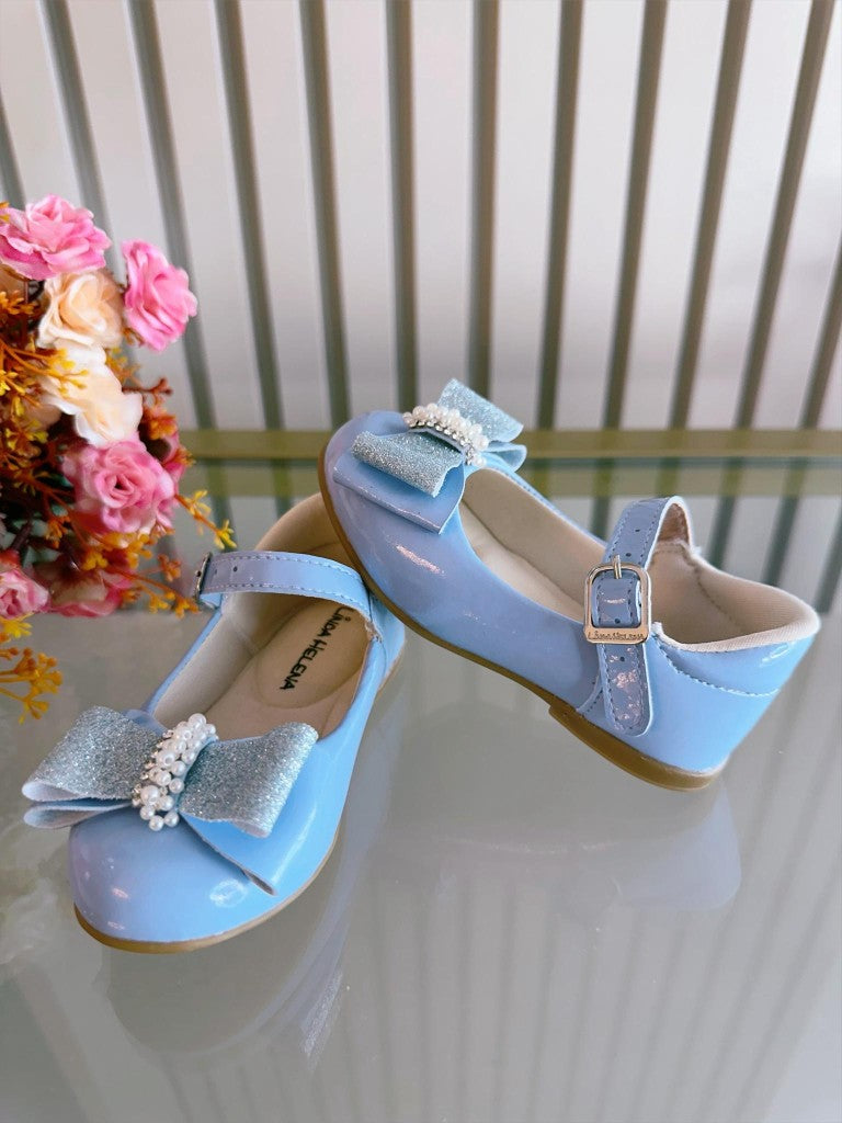 Sapatinho Bebê Verniz Azul com Aplique de Lacinho e Strass Glitter